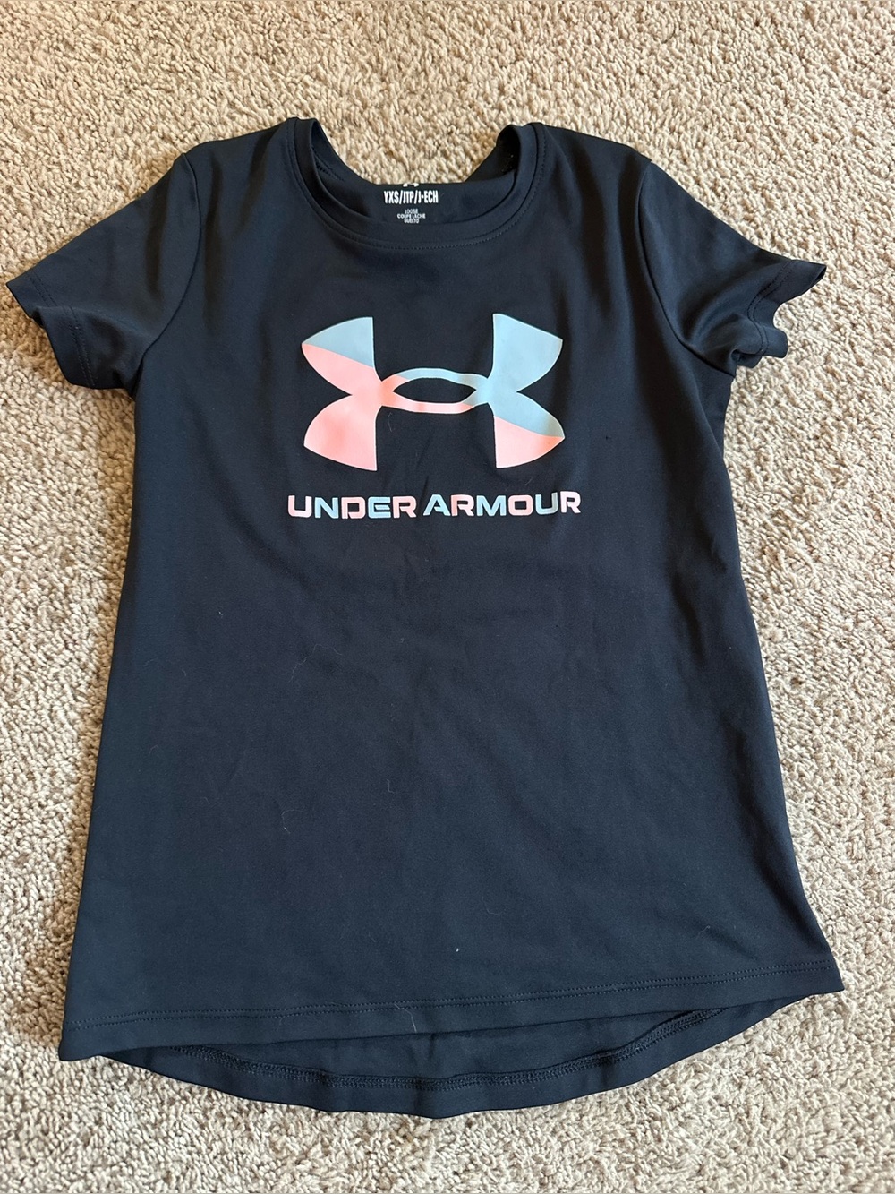 Under Armour Black Logo Tee with Pink & Light Blue Accent.
